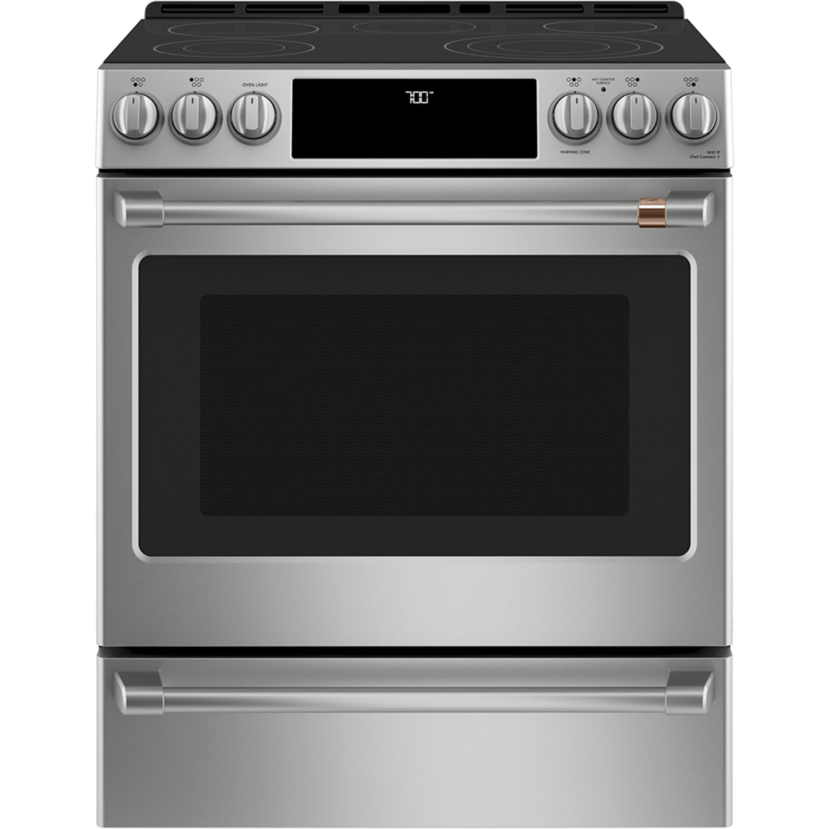 30" Slide-In Front Control Electric Range with Warming Drawer in Stainless Steel with Brushed Stainless hardware