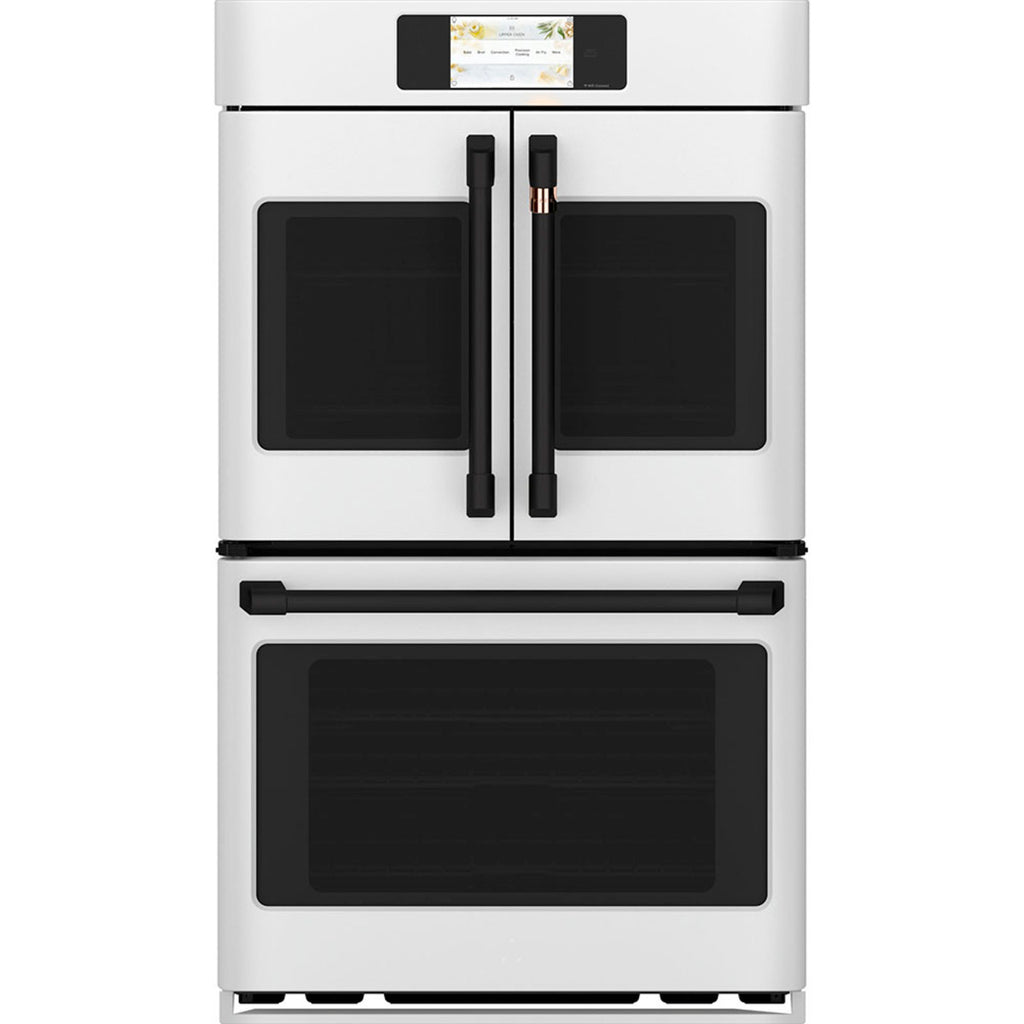 30" Built-In French-Door Double Convection Wall Oven in Matte White with Flat Black hardware