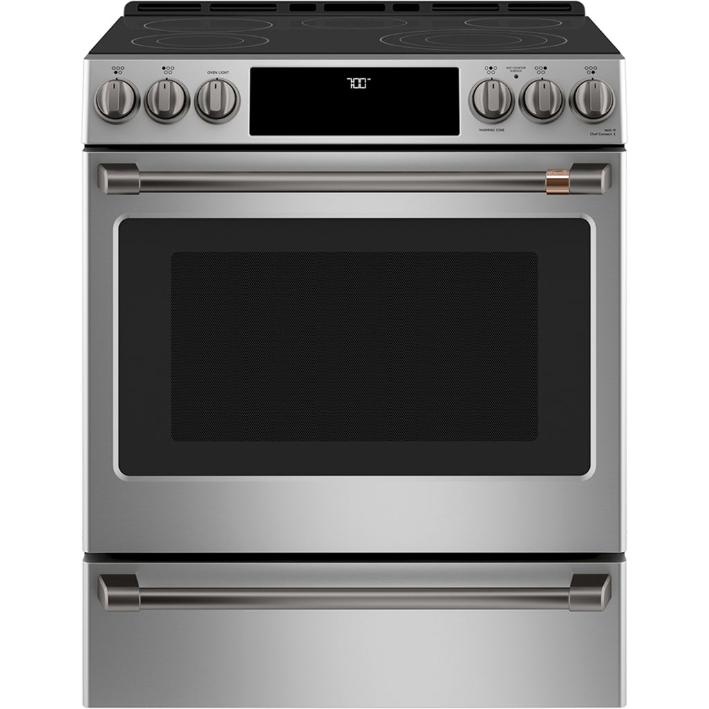 30" Slide-In Front Control Electric Range with Warming Drawer in Stainless Steel with Brushed Black hardware