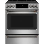 30" Slide-In Front Control Electric Range with Warming Drawer in Stainless Steel with Brushed Black hardware