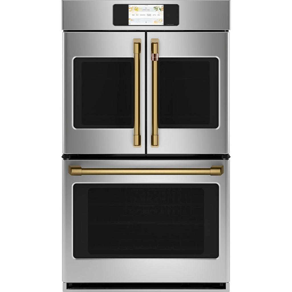 30" Built-In French-Door Double Convection Wall Oven in Stainless Steel with Brushed Brass hardware