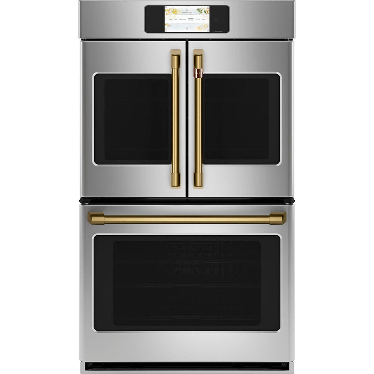 30" Built-In French-Door Double Convection Wall Oven in Stainless Steel with Brushed Brass hardware