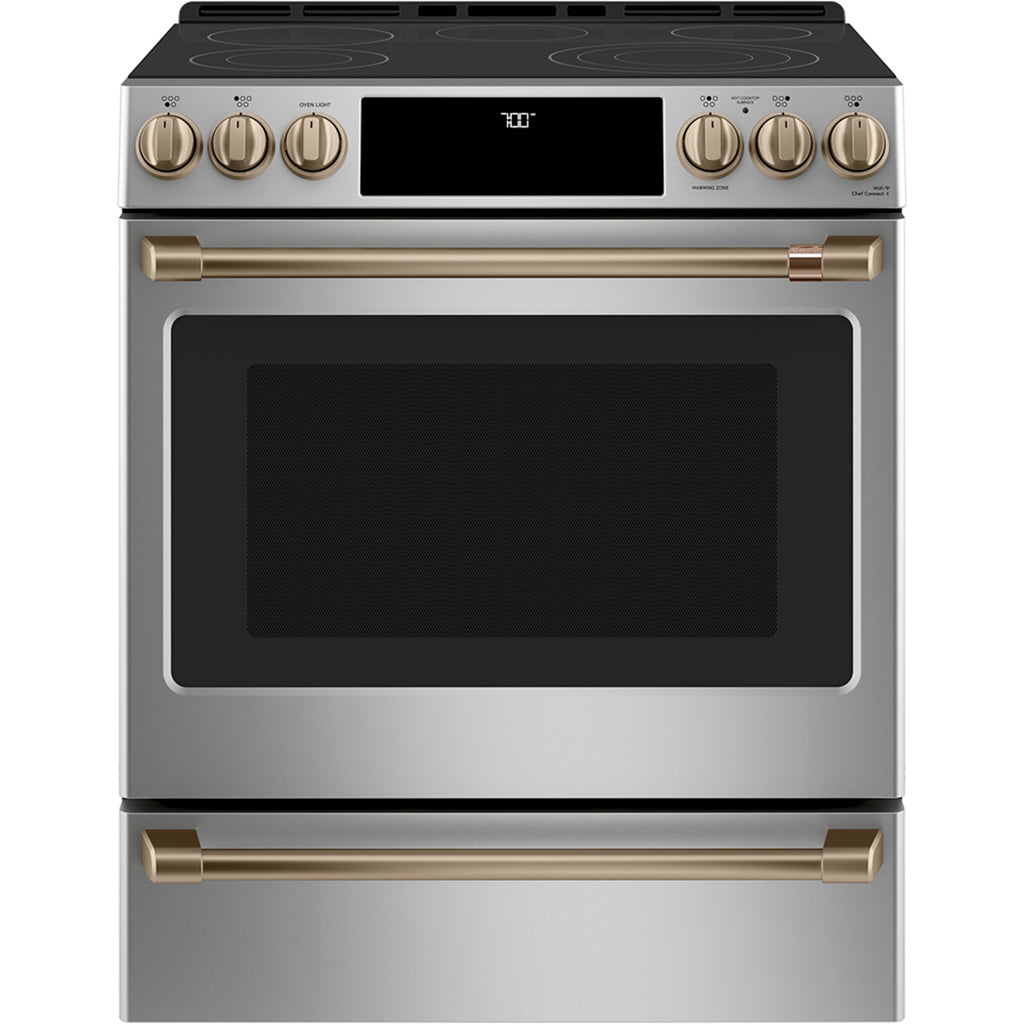 30" Slide-In Front Control Electric Range with Warming Drawer in Stainless Steel with Brushed Bronze hardware