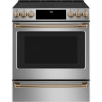 30" Slide-In Front Control Electric Range with Warming Drawer in Stainless Steel with Brushed Bronze hardware