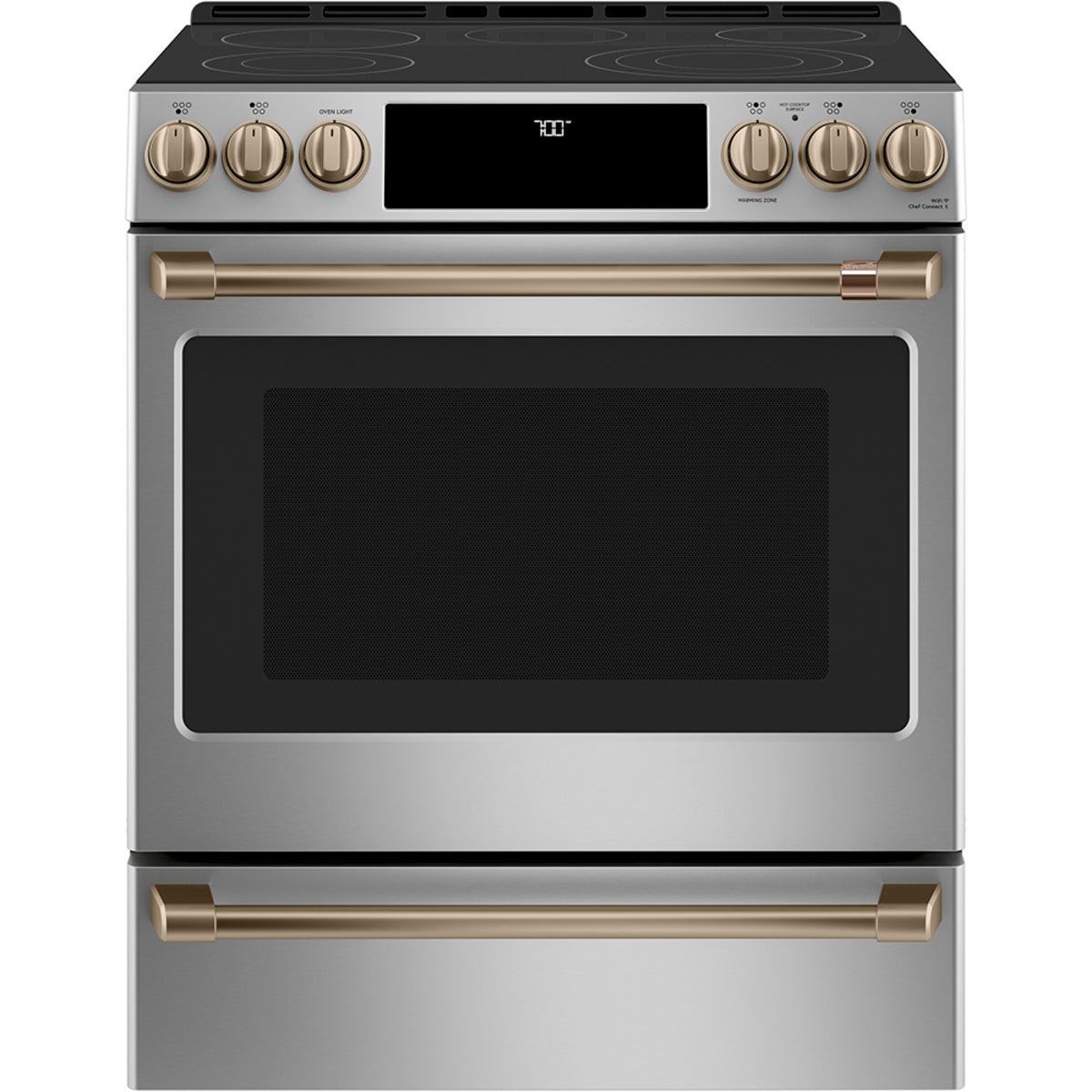 30" Slide-In Front Control Electric Range with Warming Drawer in Stainless Steel with Brushed Bronze hardware