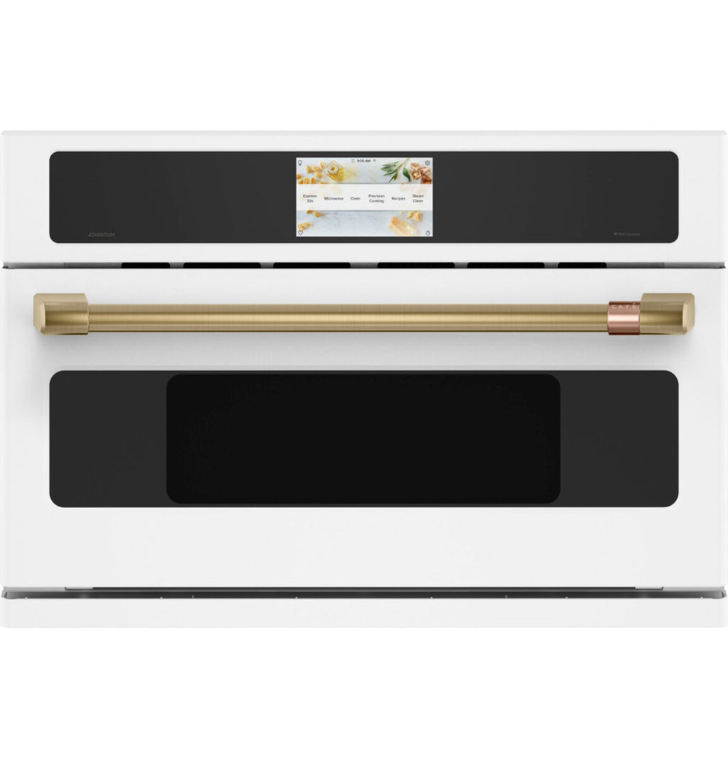 30" Smart Five in One Oven with 120V Advantium Technology in Matte White with Brushed Brass hardware