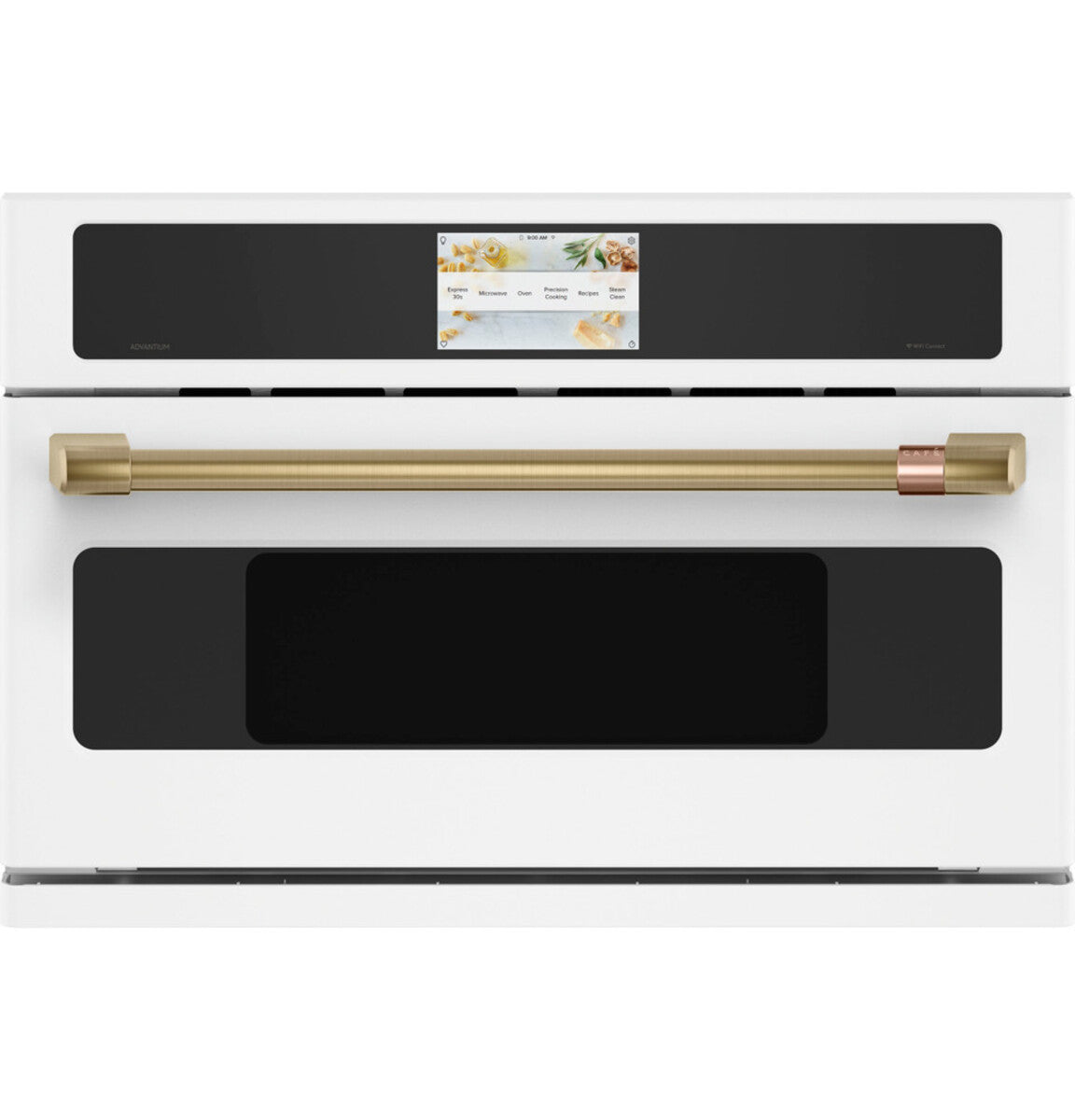 30" Smart Five in One Oven with 120V Advantium Technology in Matte White with Brushed Brass hardware