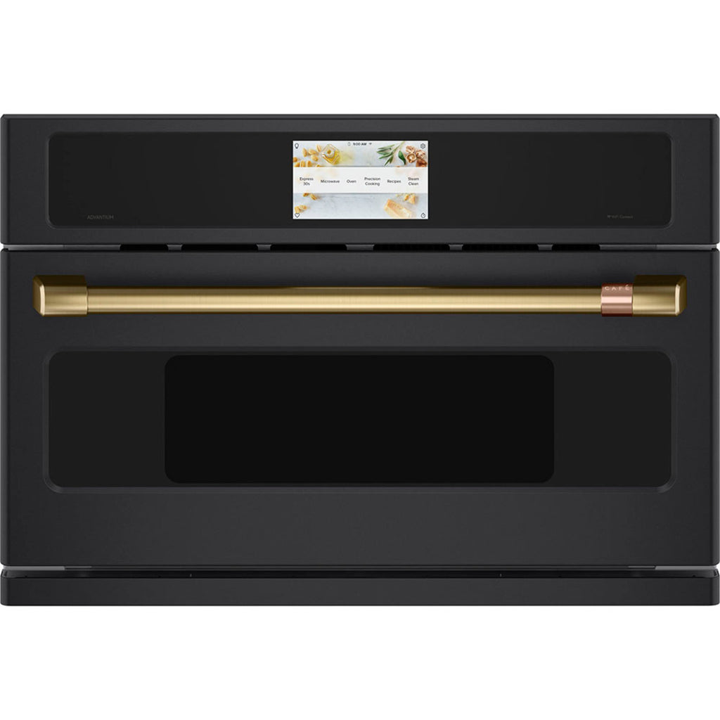 30" Smart Five in One Oven with 120V Advantium Technology in Matte Black with Brushed Brass hardware