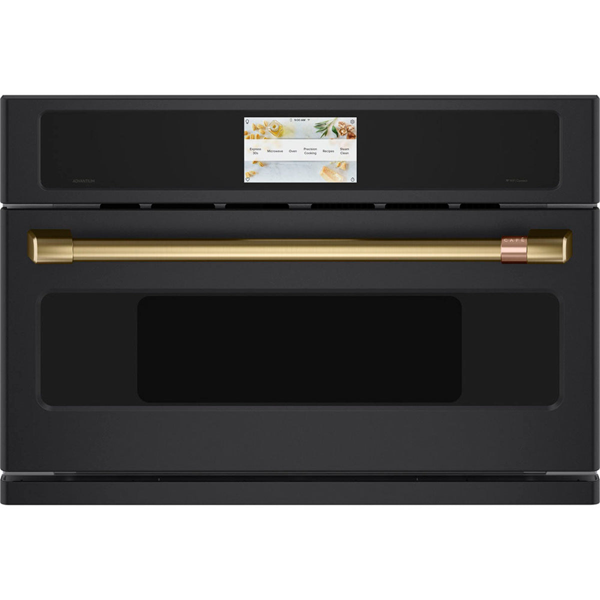 30" Smart Five in One Oven with 120V Advantium Technology in Matte Black with Brushed Brass hardware