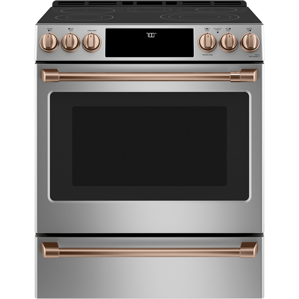 30" Slide-In Front Control Electric Range with Warming Drawer in Stainless Steel with Brushed Copper hardware