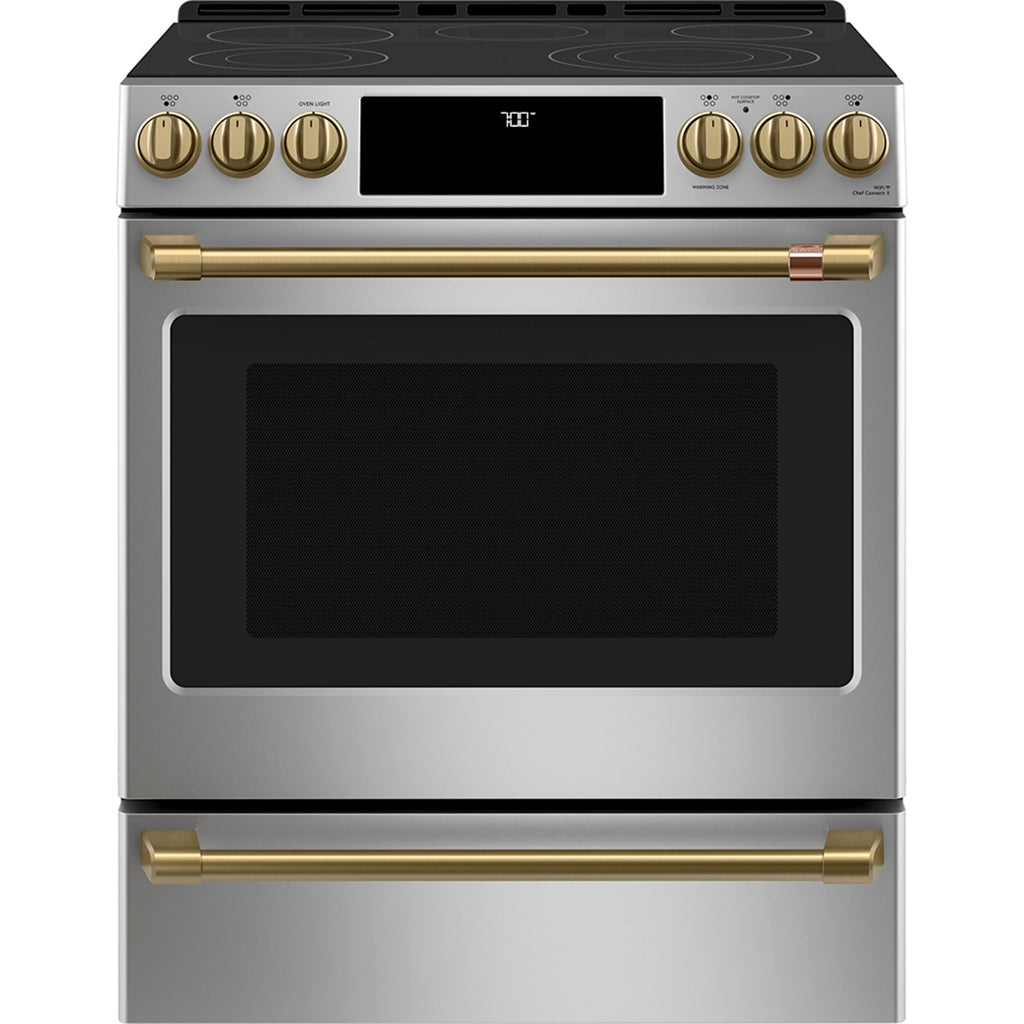 30" Slide-In Front Control Electric Range with Warming Drawer in Stainless Steel with Brushed Brass hardware