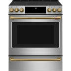 30" Slide-In Front Control Electric Range with Warming Drawer in Stainless Steel with Brushed Brass hardware