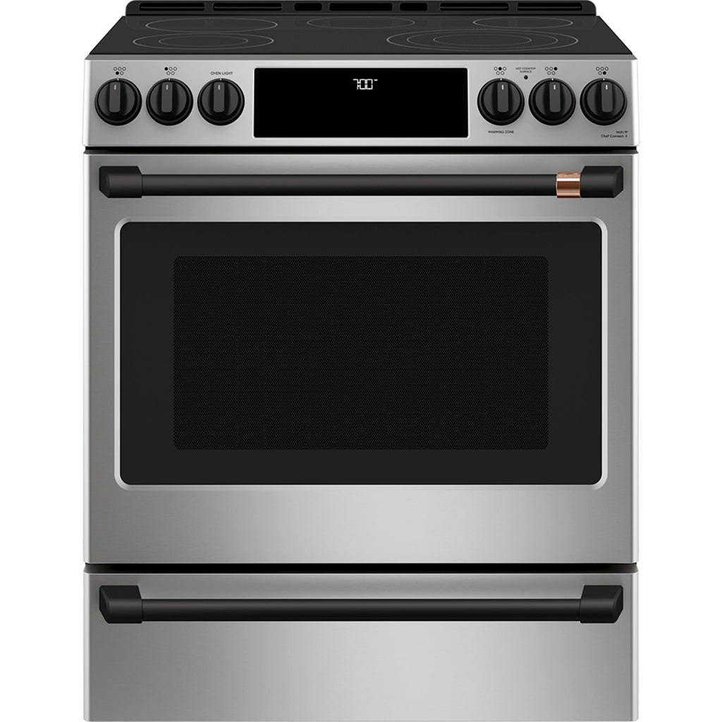 30" Slide-In Front Control Electric Range with Warming Drawer in Stainless Steel with Flat Black hardware