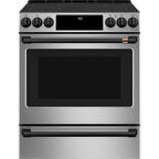 30" Slide-In Front Control Electric Range with Warming Drawer in Stainless Steel with Flat Black hardware