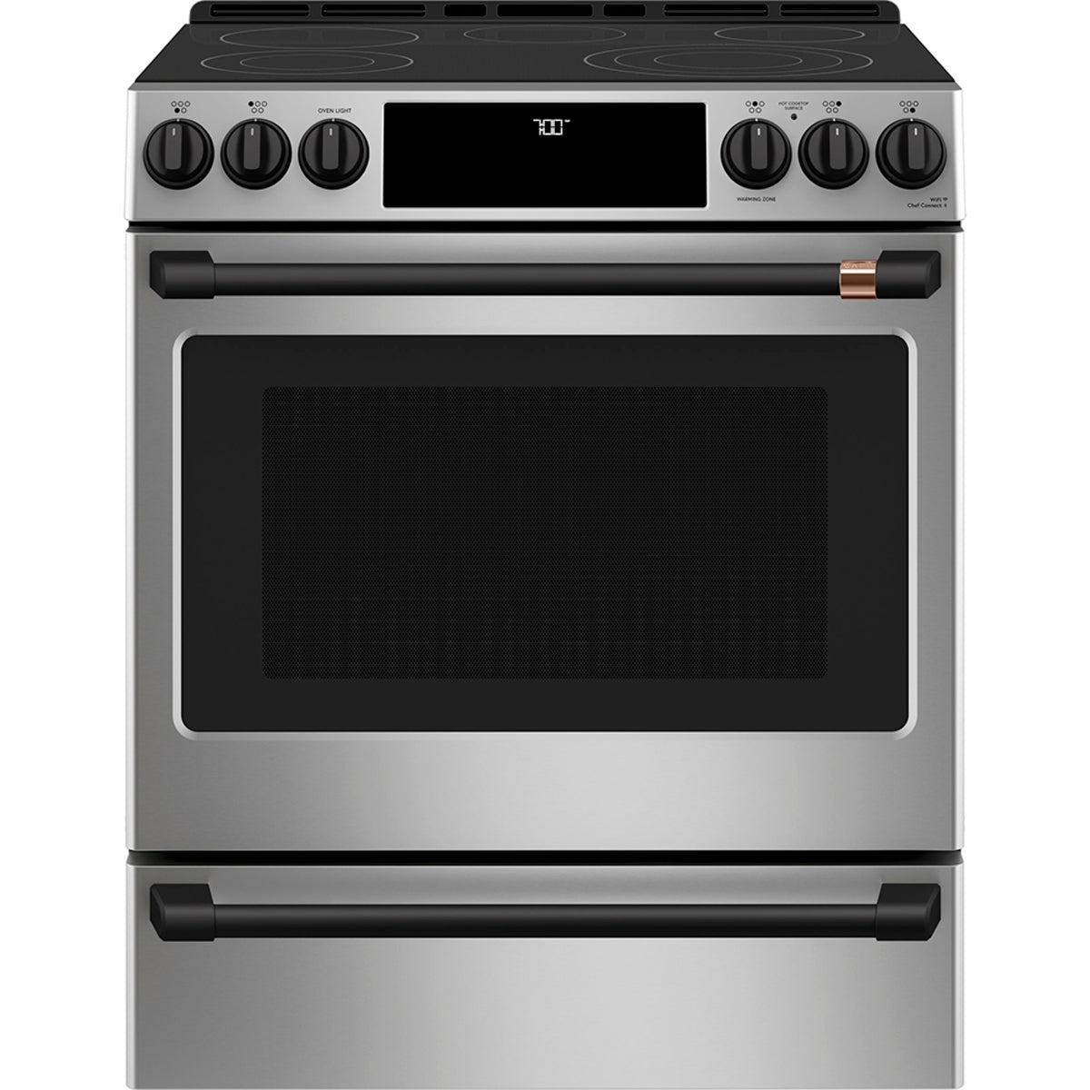 30" Slide-In Front Control Electric Range with Warming Drawer in Stainless Steel with Flat Black hardware
