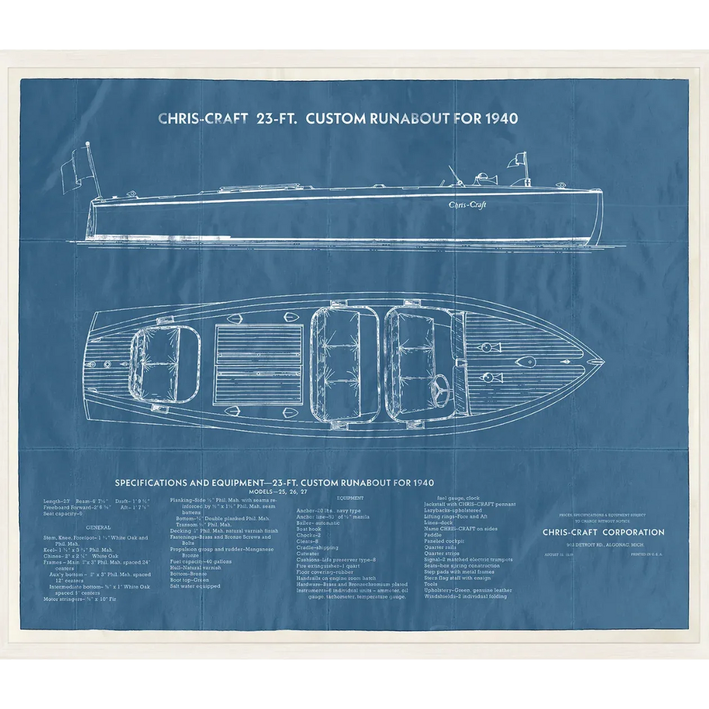 Blueprint of a Chris-Craft 23-ft. Custom Runabout for 1940 on a blue background