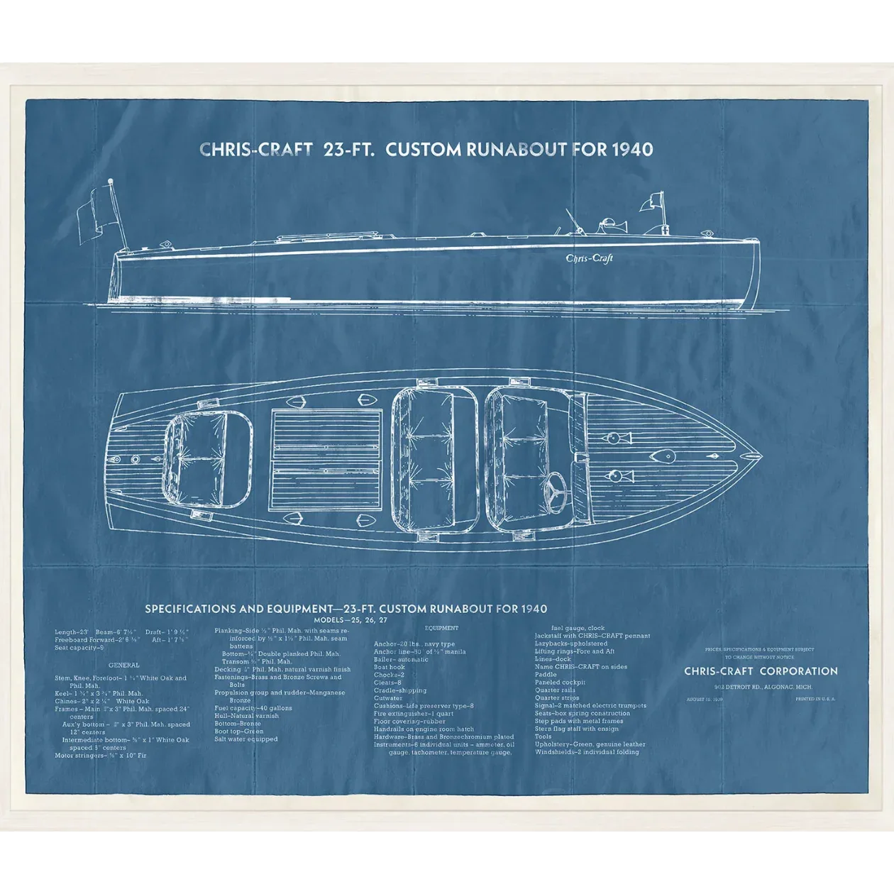 Blueprint of a Chris-Craft 23-ft. Custom Runabout for 1940 on a blue background