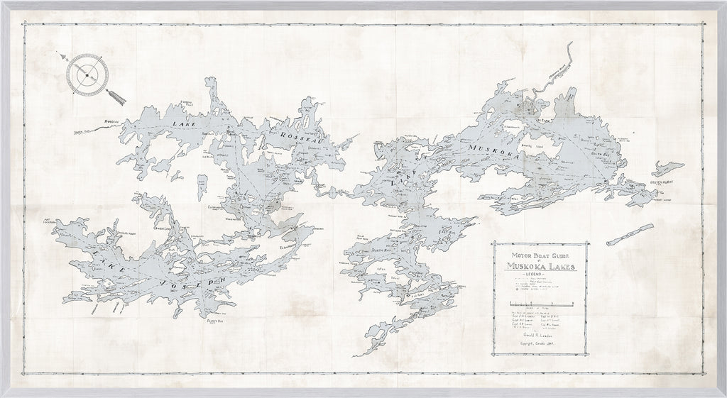 Map – Motorboat Guide of Muskoka Lakes wall art by Celadon Art - Grey on Ivory