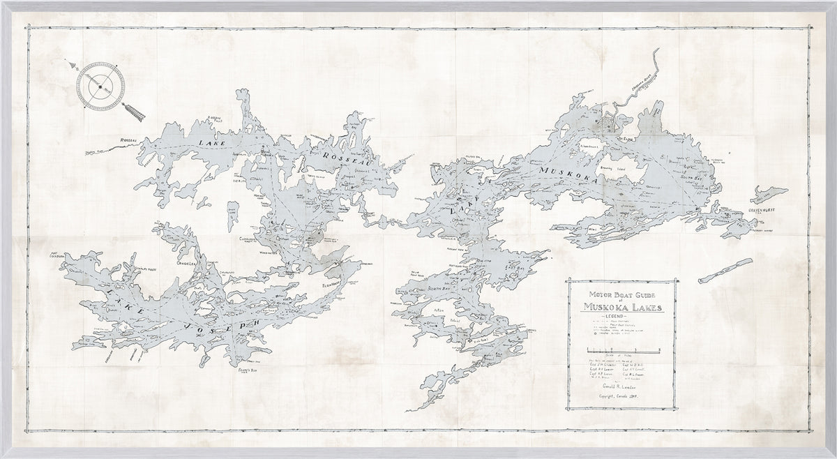 Map – Motorboat Guide of Muskoka Lakes wall art by Celadon Art - Grey on Ivory