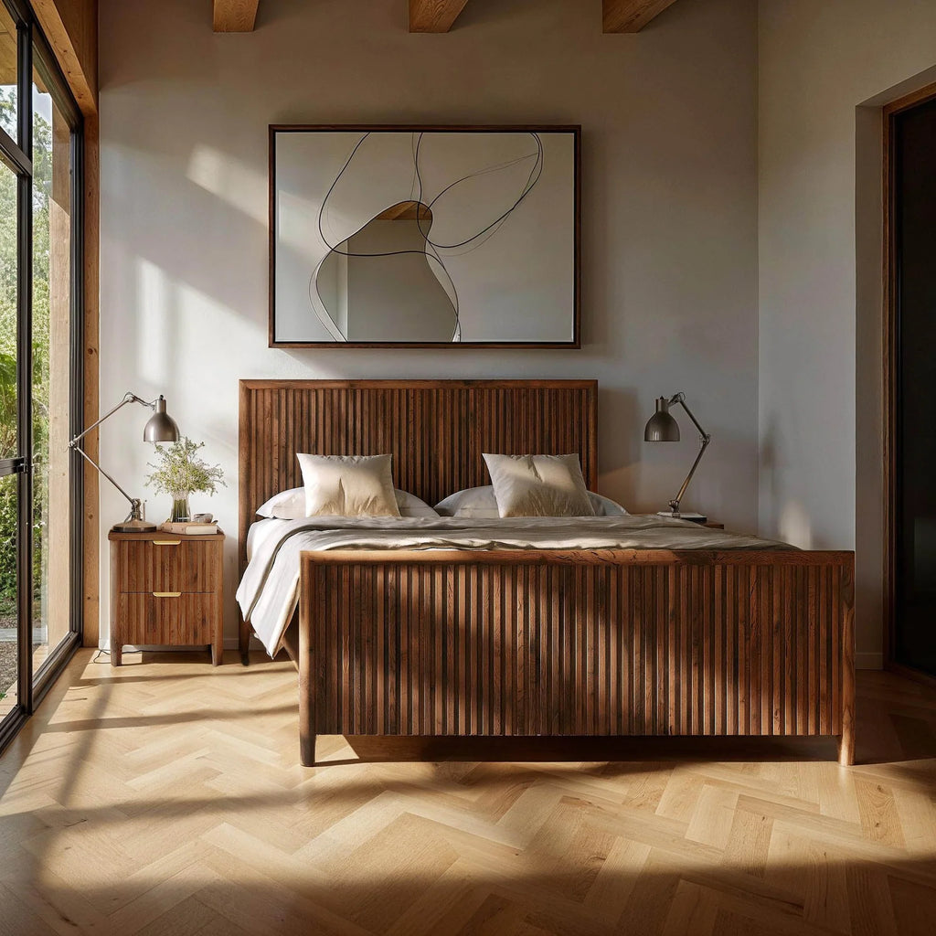 Modern bedroom with wooden bed and abstract art on the wall
