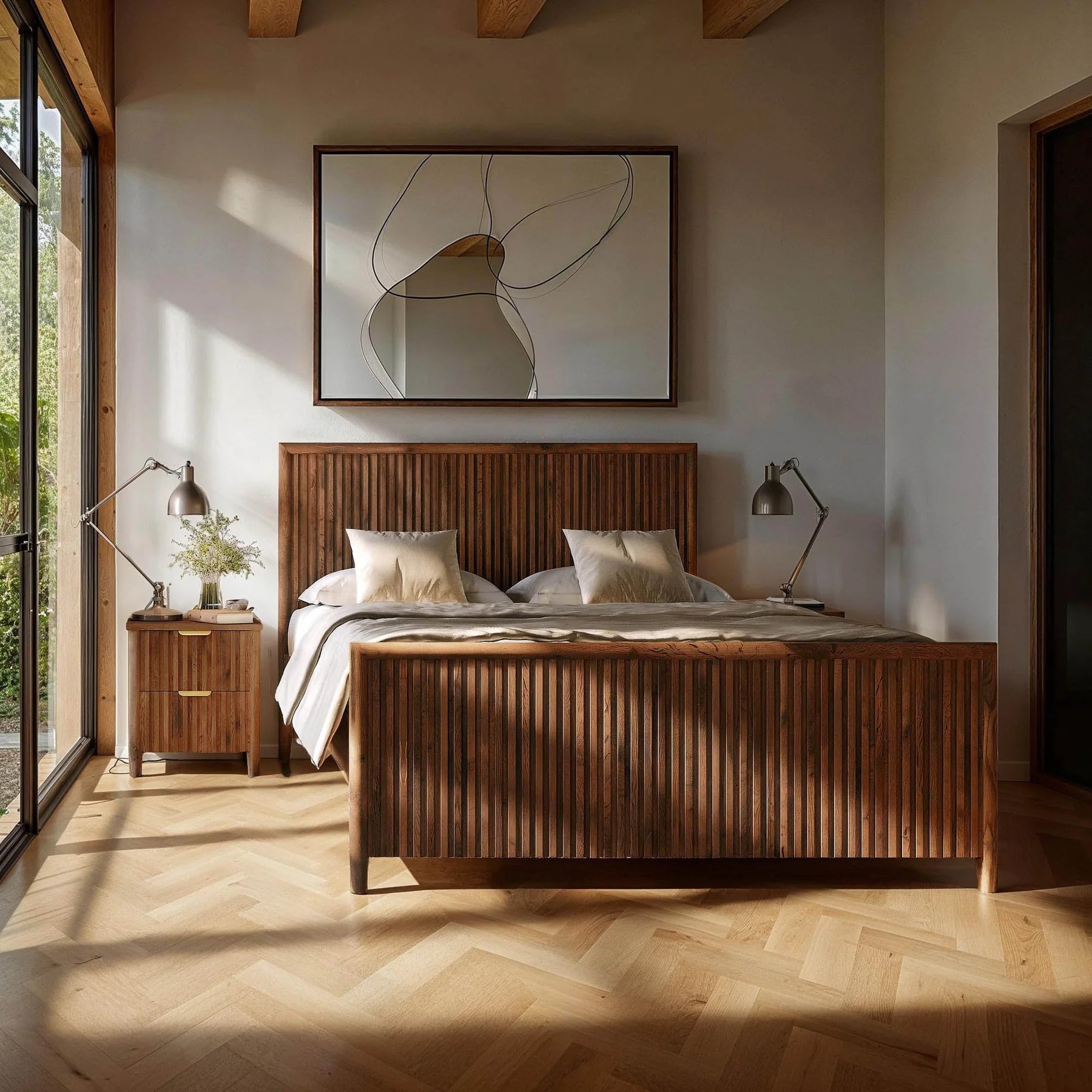 Modern bedroom with wooden bed and abstract art on the wall