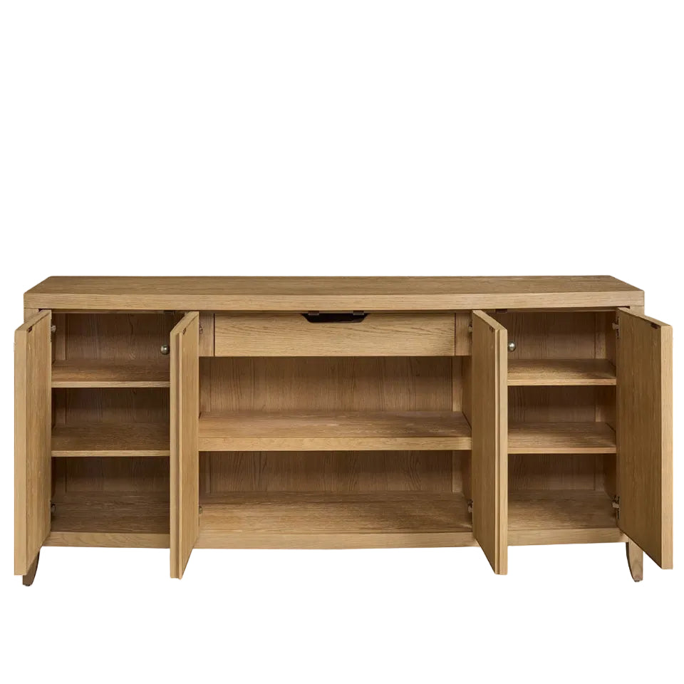 Wooden sideboard with open doors on a white background