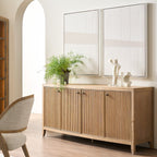 Wooden sideboard with decorative items in a room with a chair and mirror.