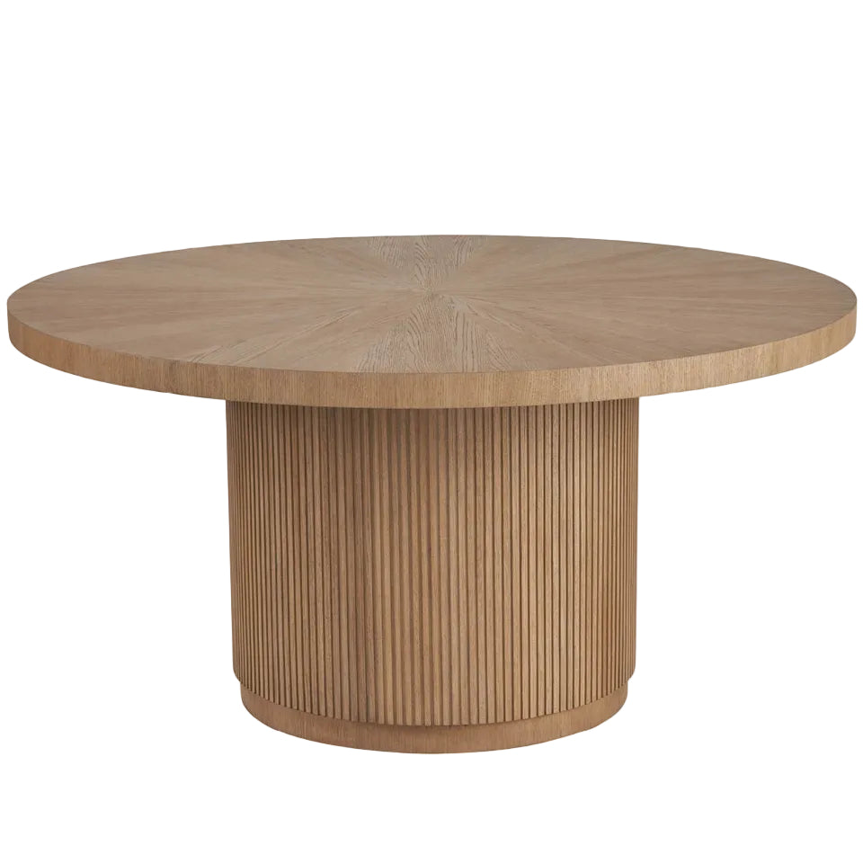 Round wooden table with a textured base on a white background