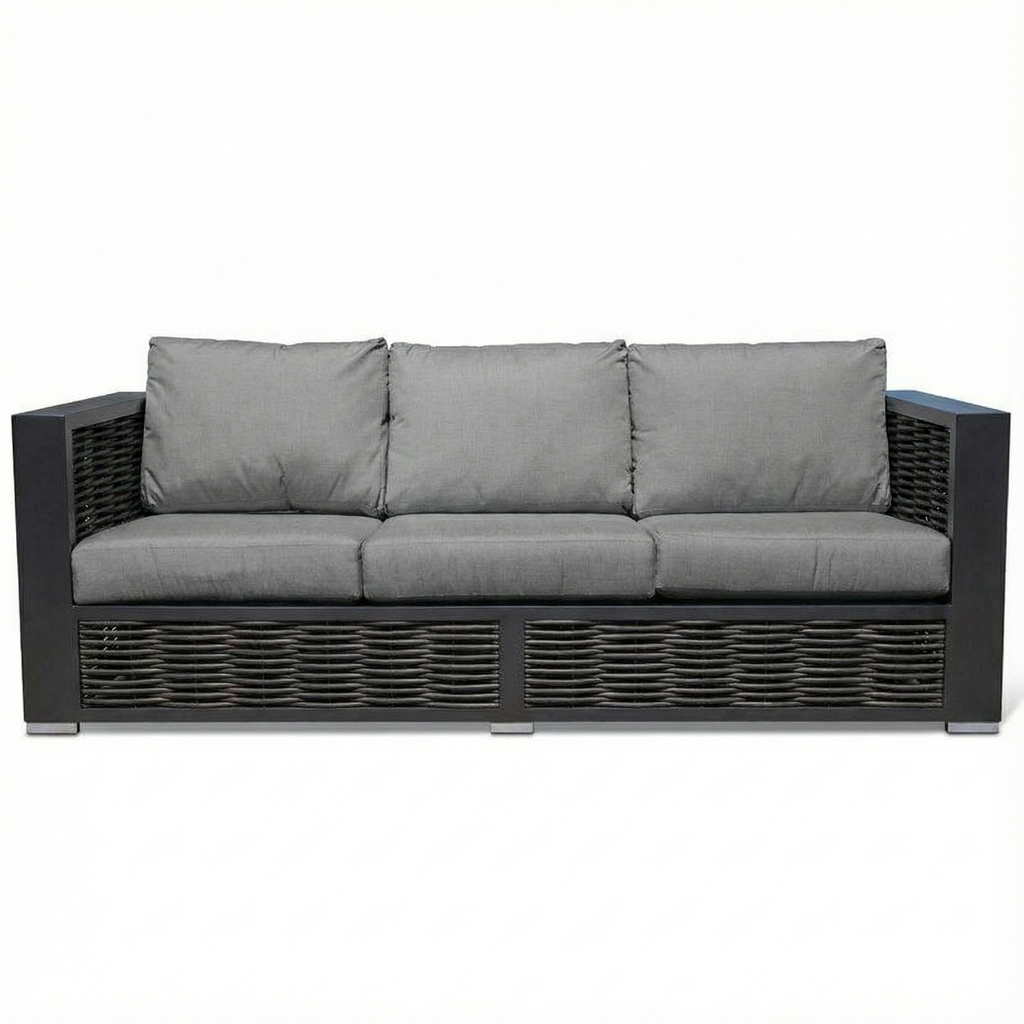 Gray sofa with wicker frame on a white background