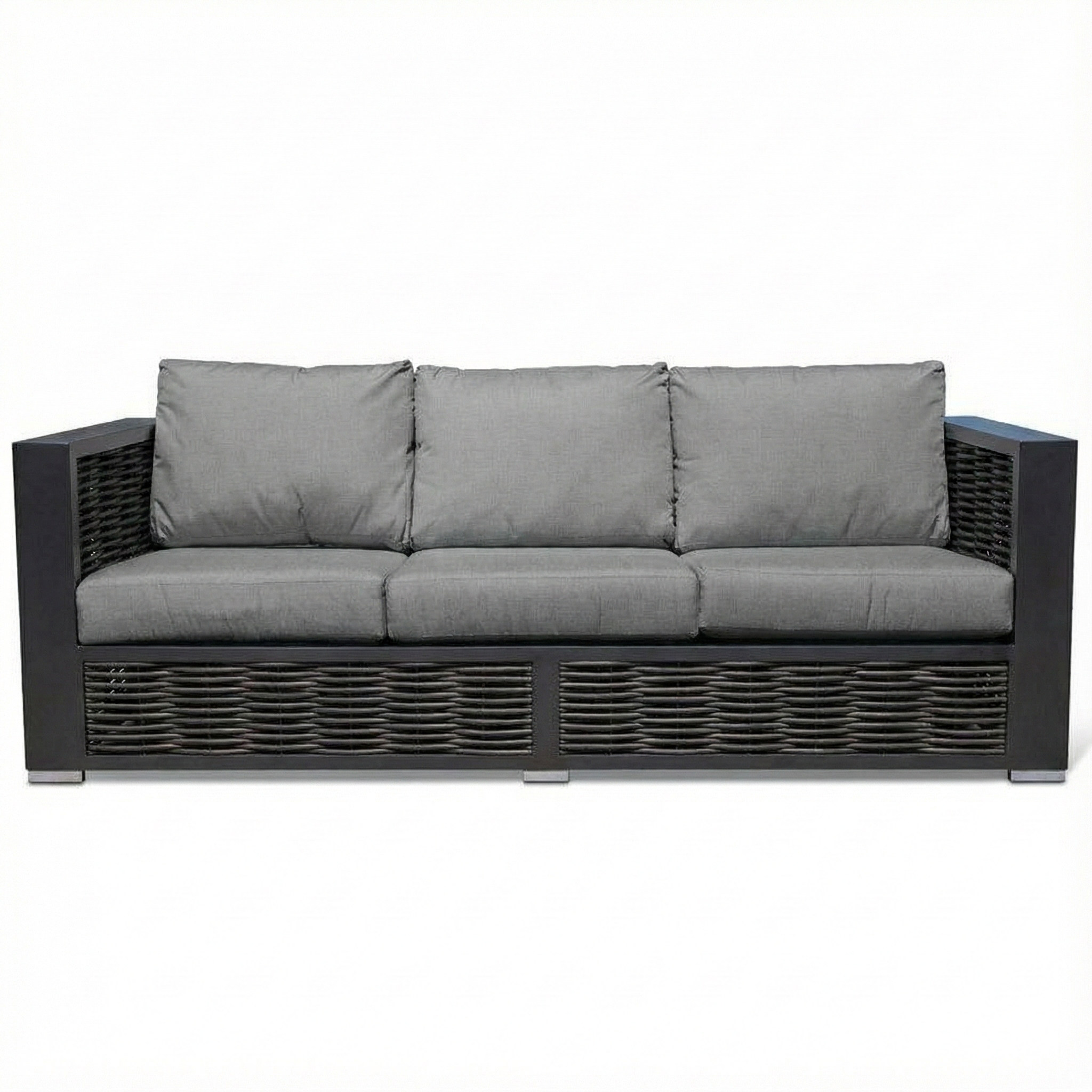 Gray sofa with wicker frame on a white background