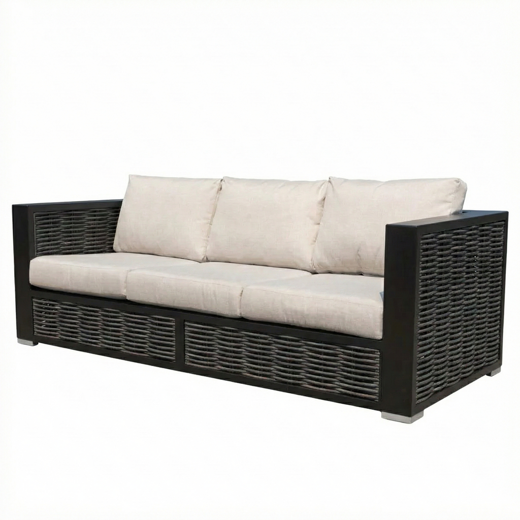 Outdoor sofa with black frame and beige cushions on a white background