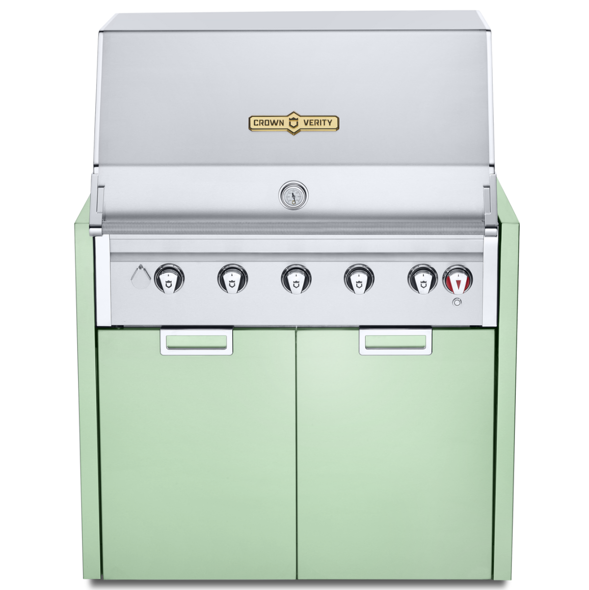 Green and silver grill with Crown Verity logo on a white background