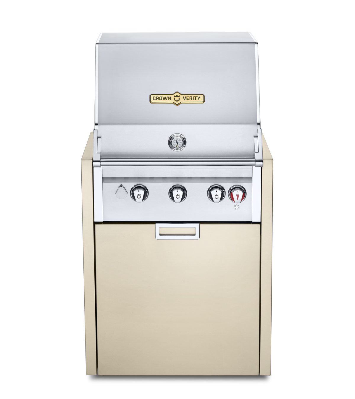 Stainless steel outdoor grill with beige base on a white background