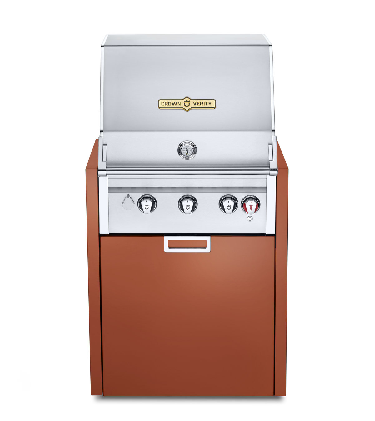 Outdoor grill with crown verity logo on a white background