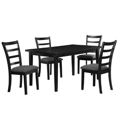 Black dining table set with four chairs on a white background