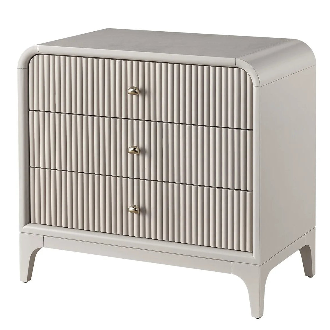 Beige nightstand with three drawers and decorative paneling on a white background