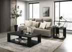 Modern living room with a gray sectional sofa, black coffee table, and side table.