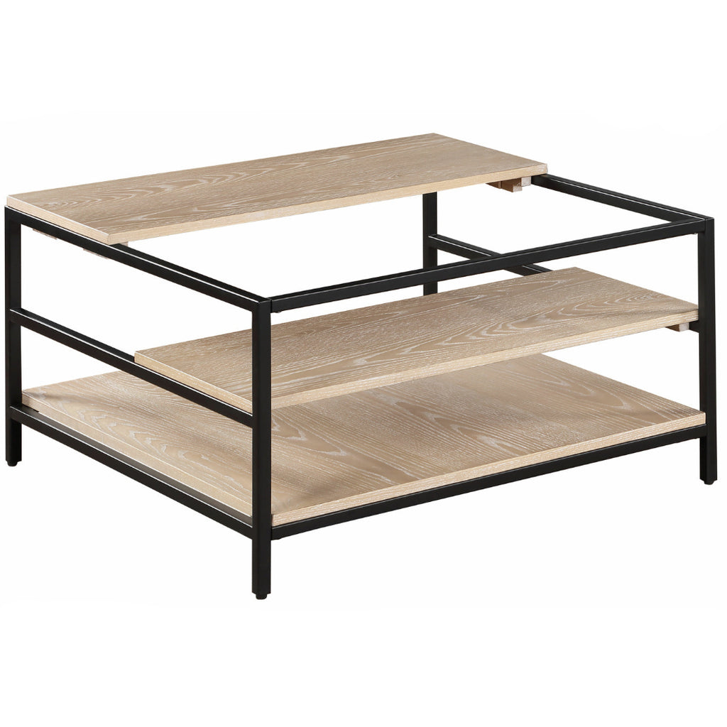 Coffee table with wooden surface and black metal frame on a white background