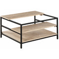 Coffee table with wooden surface and black metal frame on a white background