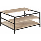 Coffee table with wooden surface and black metal frame on a white background