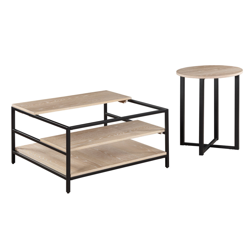 Set of two wooden tables with black metal frames on a white background