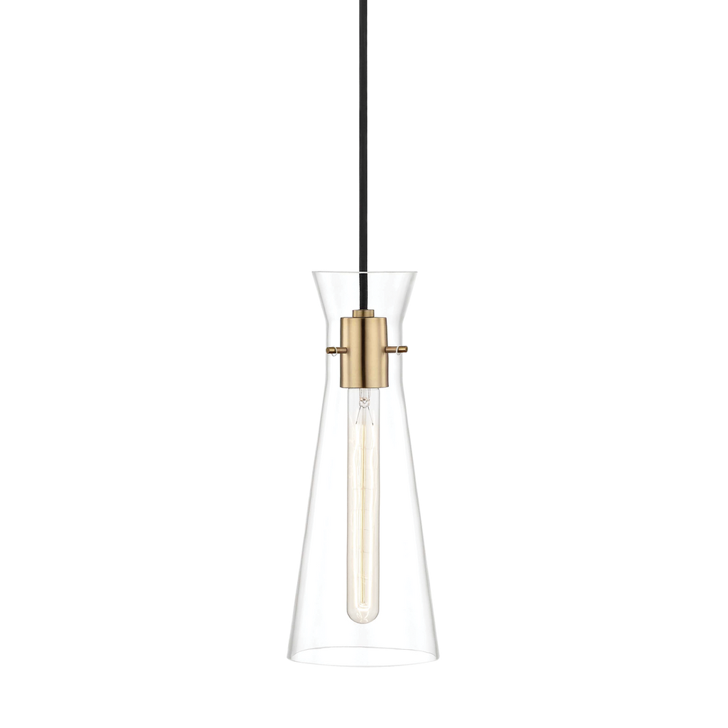 Anya clear glass mini pendant light in Aged Brass