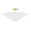 Alana Semi Flush Mount in Aged Brass with Antique Ivory ceramic and white linen scalloped shade