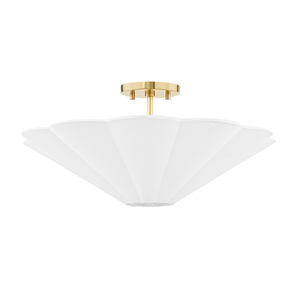 Alana Semi Flush Mount in Aged Brass with Antique Ivory ceramic and white linen scalloped shade