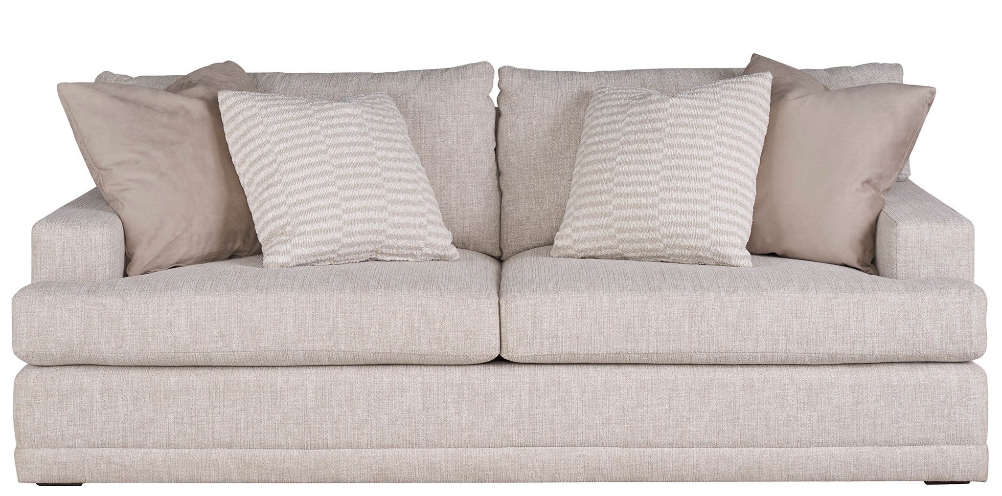 Beige sofa with decorative pillows on a white background