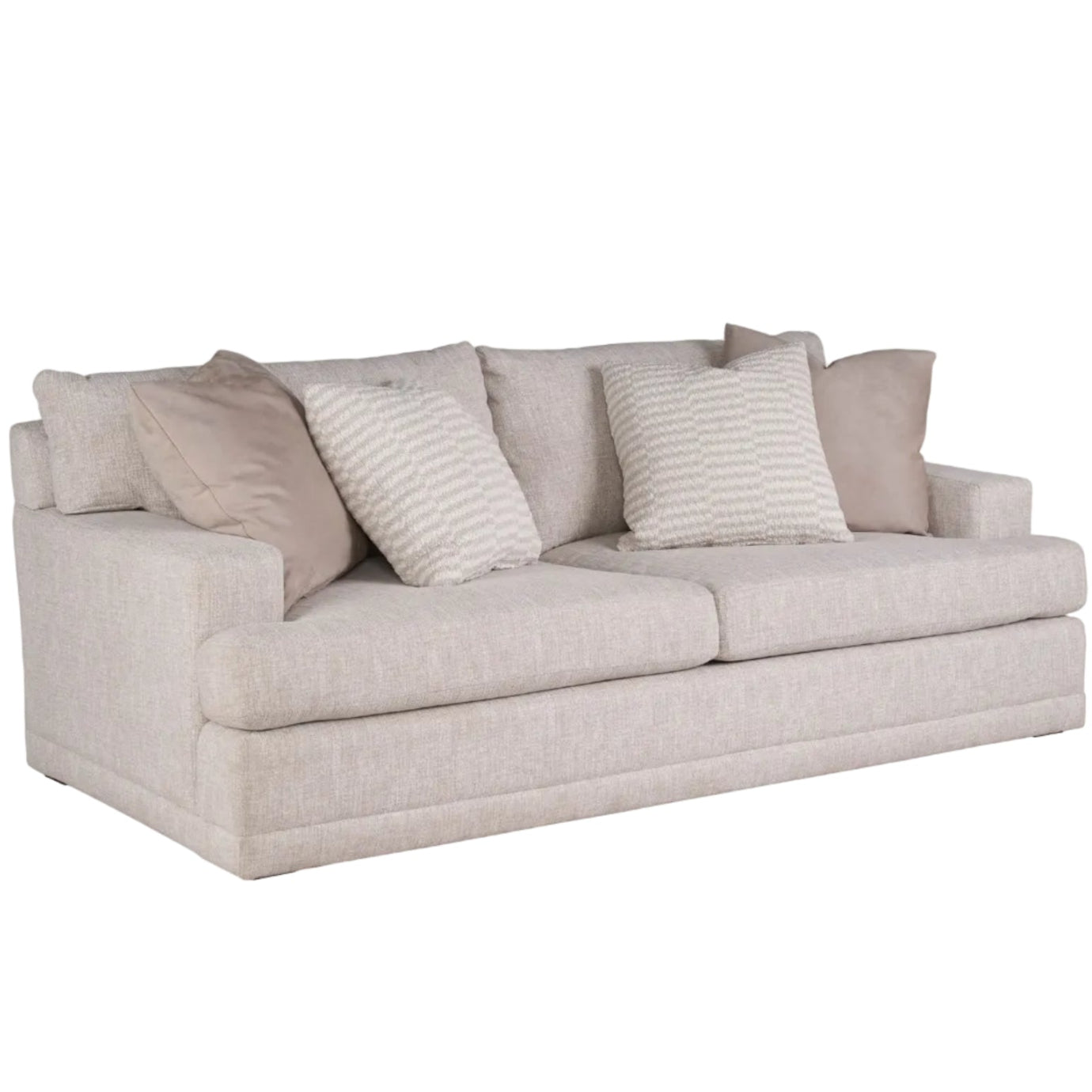 Beige sofa with patterned cushions on a white background