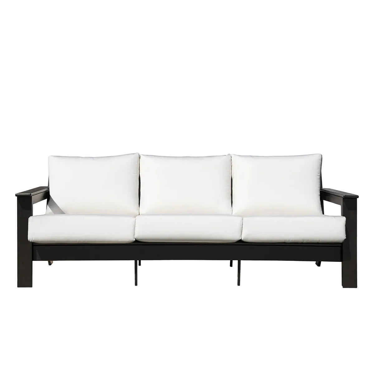 Black frame sofa with white cushions on a white background