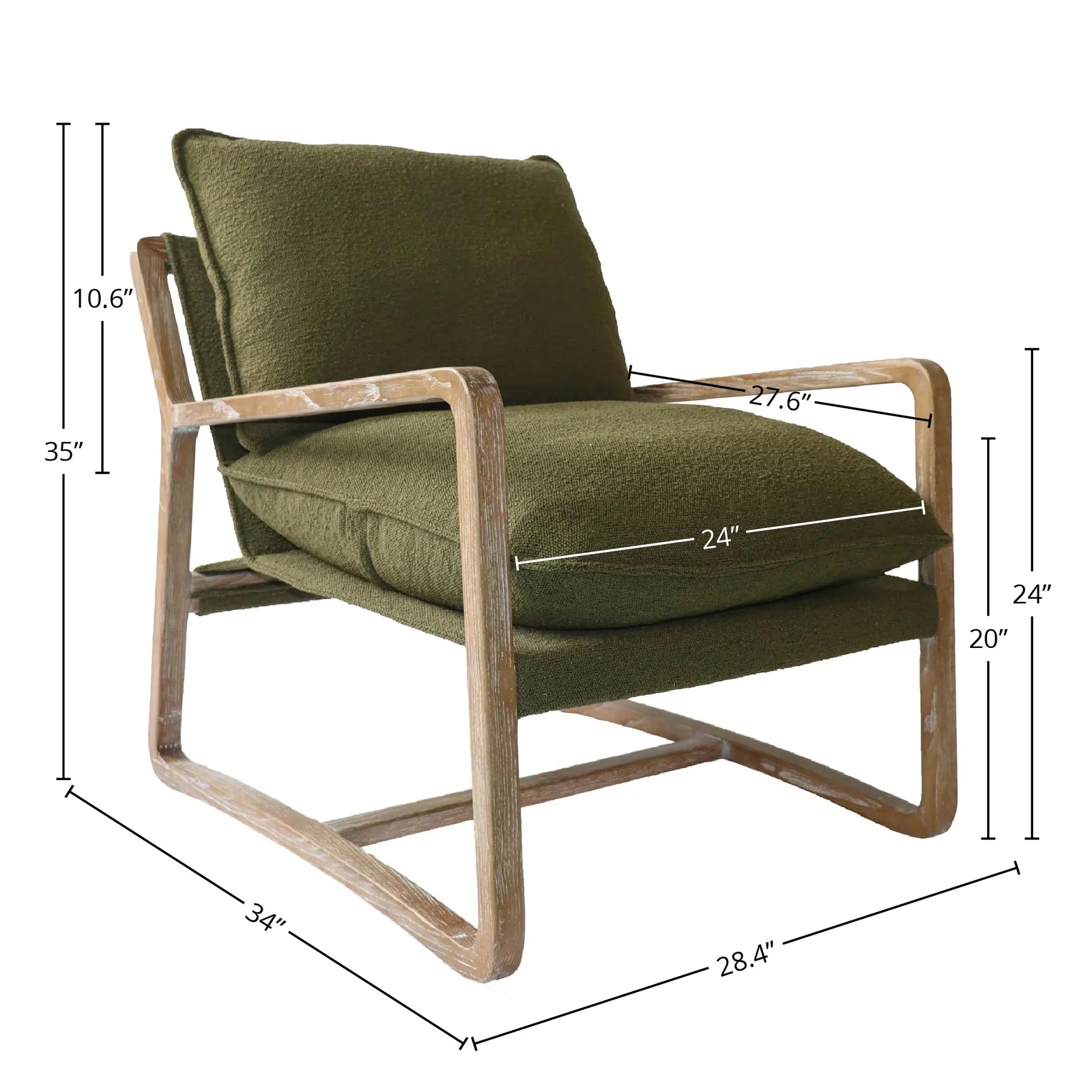 Green armchair with wooden frame and dimensions labeled on a white background