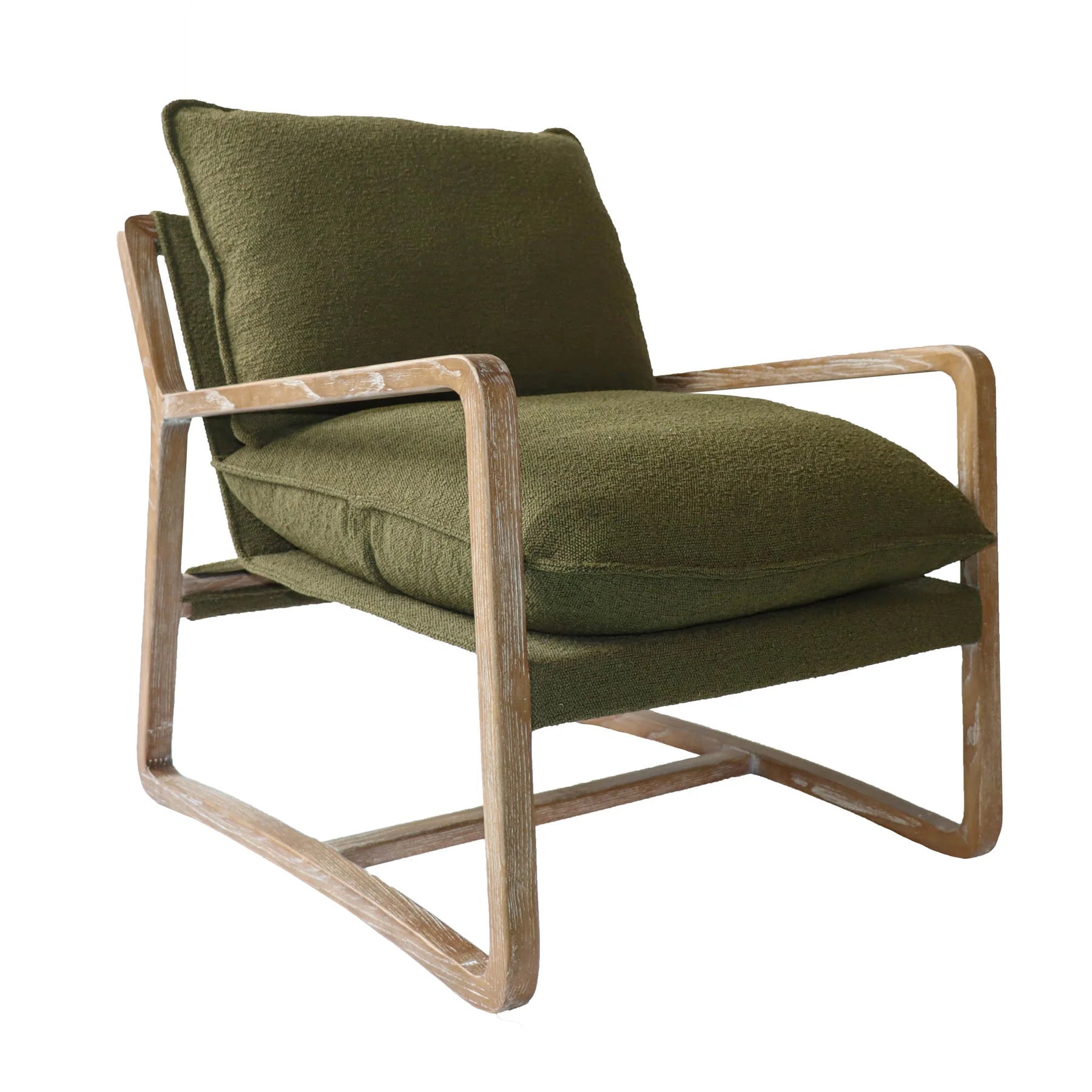 A green upholstered club chair with a wooden frame and a cushioned backrest and seat.