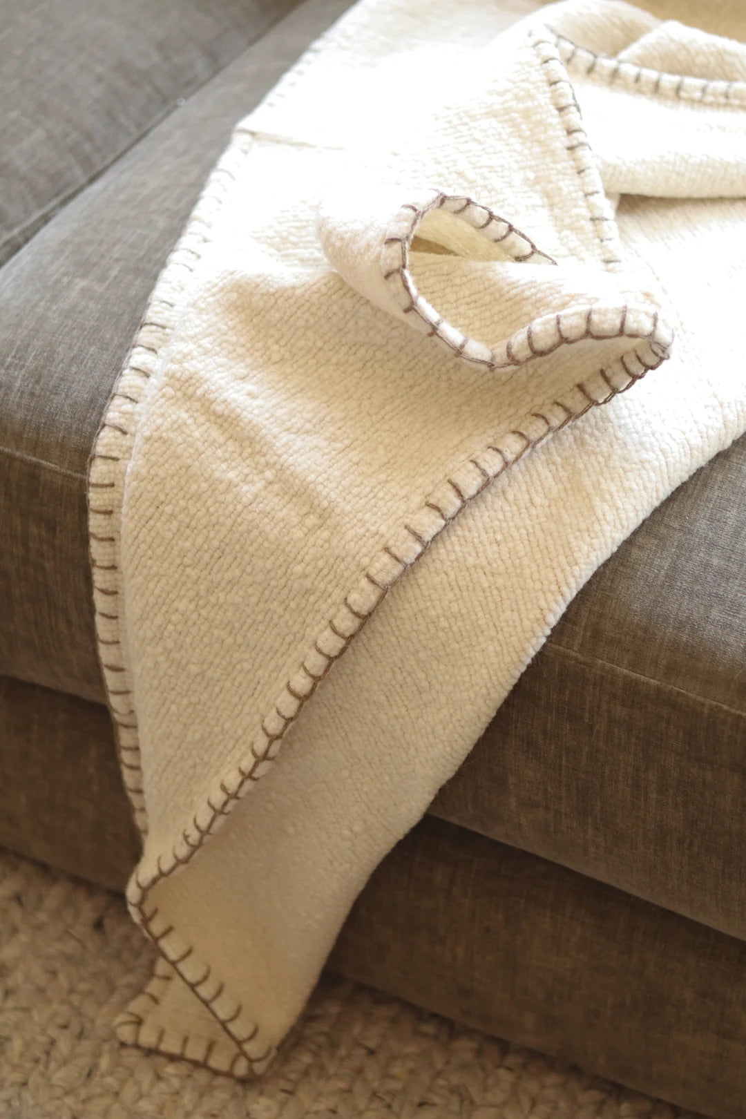 Blanket Stitch Wool Blend Throw, Ivory